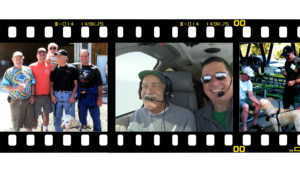 Filmstrip with 3 photos: John and skydiving buddies and guide dog, John and Mike Burrill in cockpit of plane, John and skydiver petting guide dog