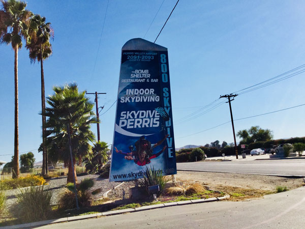 Skydive Perris sign at the entrance to their jump zone