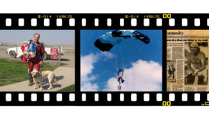 Filmstrip with 3 pictures: John in flight suit with his guide dog, John flaring his parachute, an old newspaper article about John.