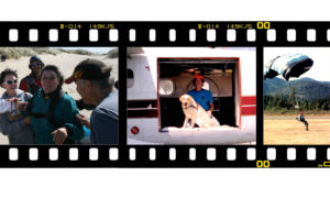 Filmstrip with 3 photos: John greeting his wife, Darian, after her first tandem skydive, John and his guide dog in the door of an airplane, John making a perfect landing with his parachute flared out behind him.