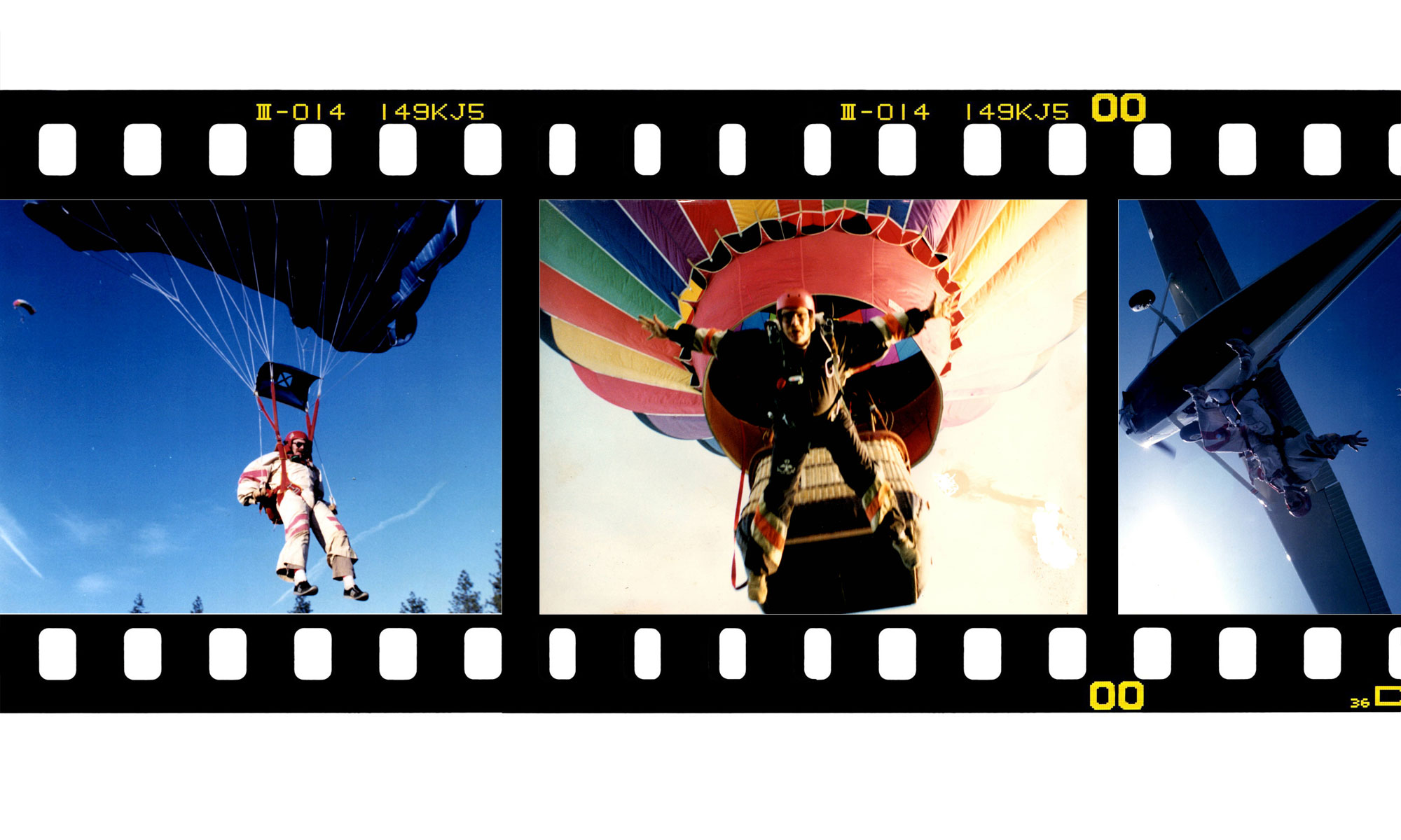 Filmstrip with 3 photos: John landing, John jumping out of hot air balloon, John jumping out of airplane